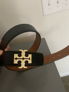 Tory Burch Black Leather Belt with Gold Logo Buckle size Small